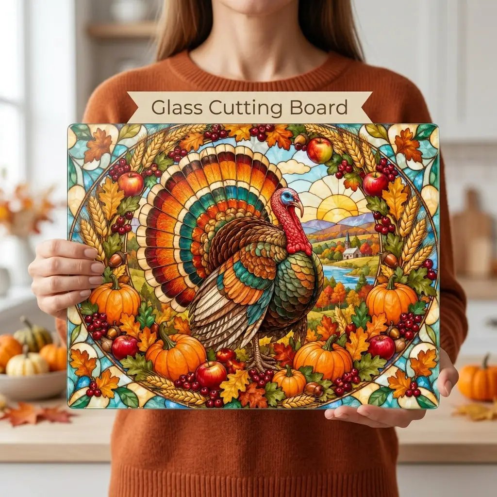 Thanksgiving Turkey Glass Cutting Board, Harvest Wreath Kitchen Decor, Stained Glass Fall Turkey, Pumpkin Apple Autumn Gift