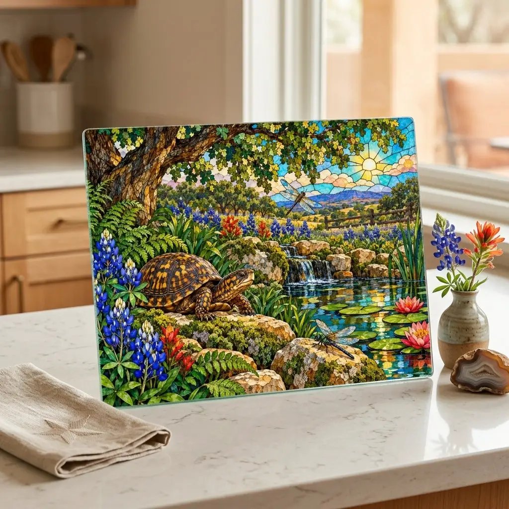 Box Turtle Glass Cutting Board, Texas Bluebonnet Kitchen Decor, Turtle and Dragonfly Gift, Wildlife Garden Cutting Board, Nature Decor