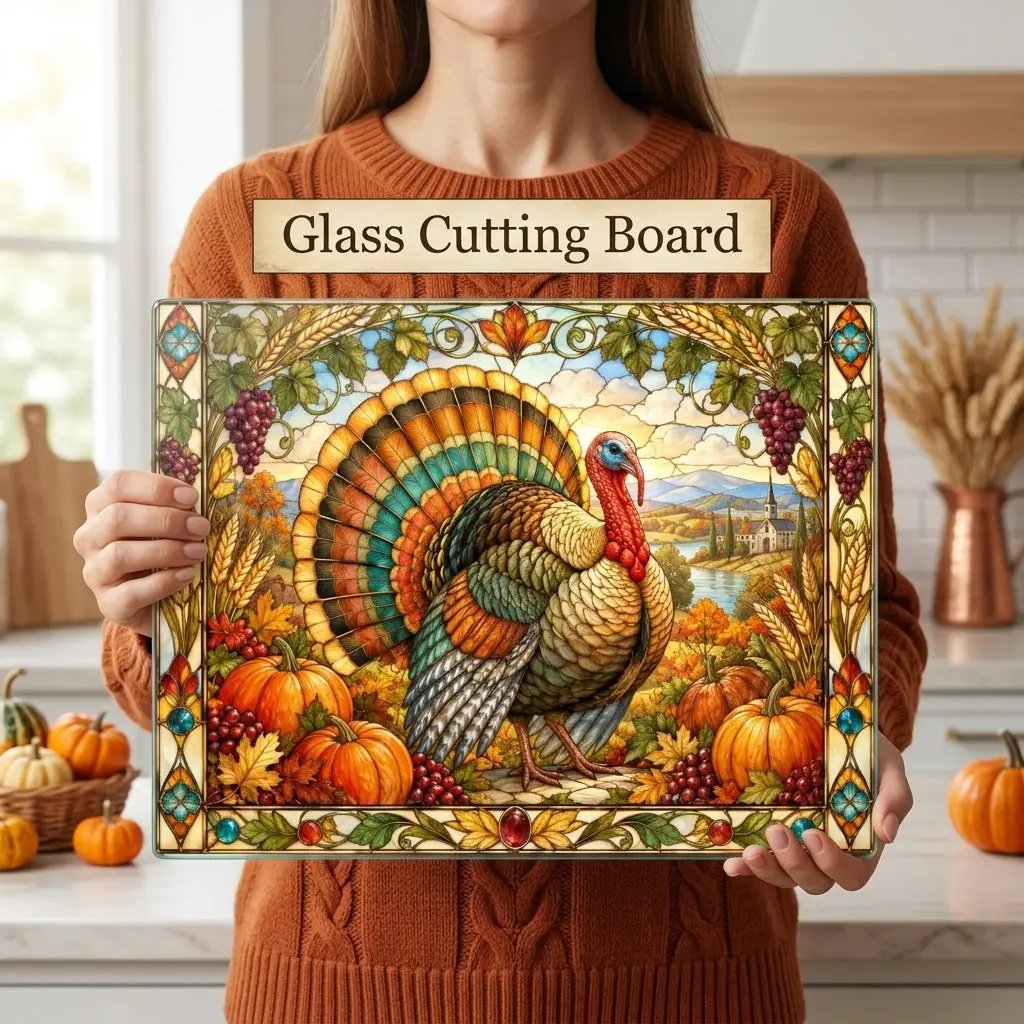 Thanksgiving Turkey Glass Cutting Board, Stained Glass Harvest Kitchen Decor, Fall Turkey Chopping Board, Country Thanksgiving Gift