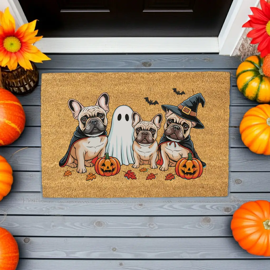 French Bulldog Halloween Doormat, Frenchie Coir Door UV Printed Mat, Cute Halloween Dog Welcome Mat, Spooky French Bulldog Porch Decor, Dog Lover Gift