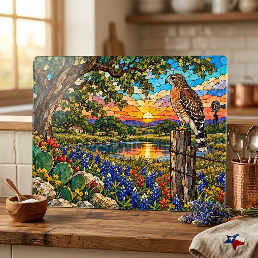 Red Shouldered Hawk Glass Cutting Board, Texas Wildlife Kitchen Decor, Bluebonnet Hawk Art, Bird Lover Gift, Rustic Texas Gift