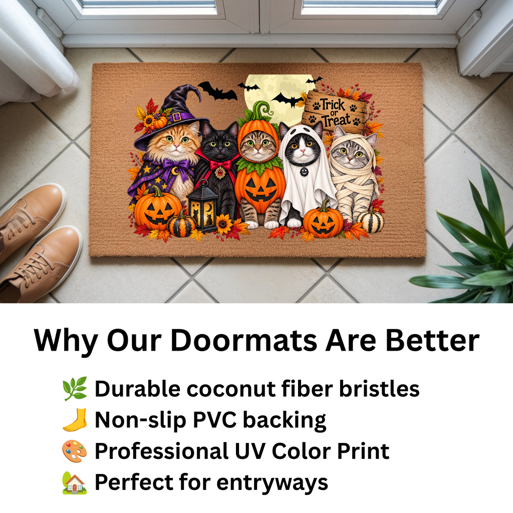 Halloween Cat Doormat, Funny Costumed Cats Coir Welcome Mat, Trick or Treat Porch Decor, Fall Cat Lover Gift, Spooky Front Door Mat