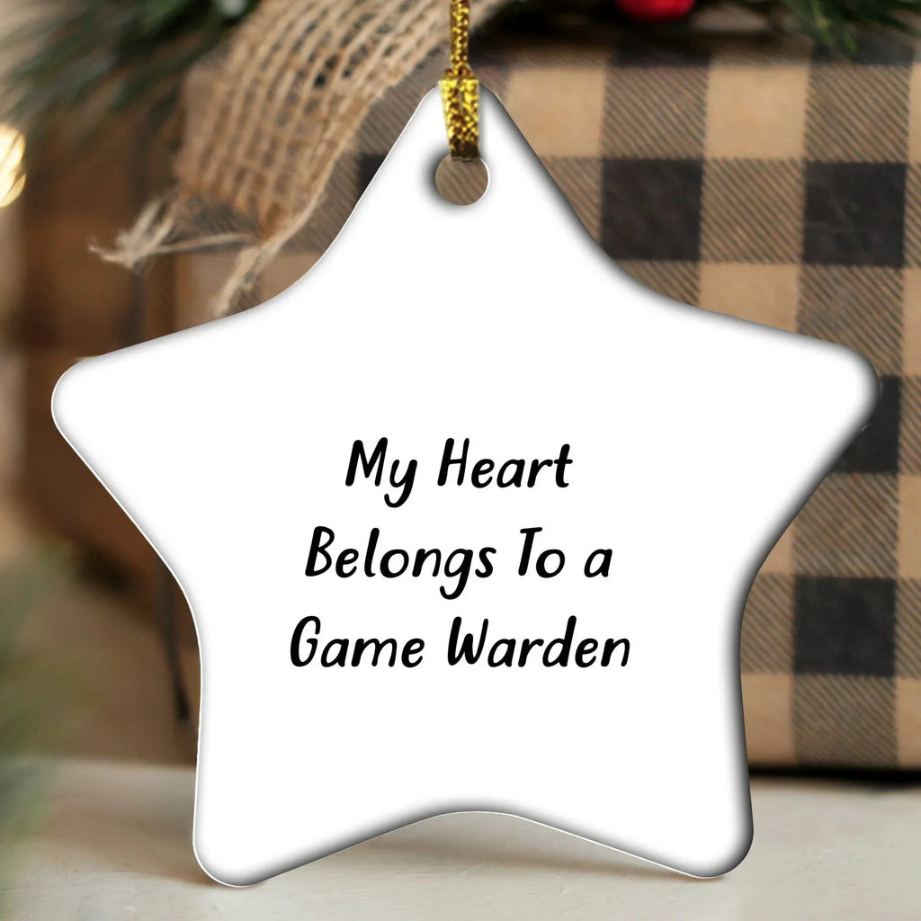 Funny Game Warden Gifts for Men, 'My Heart Belongs To A Game Warden' Star Ornament, Christmas Unique Gifts from Friends, Family, and Coworkers