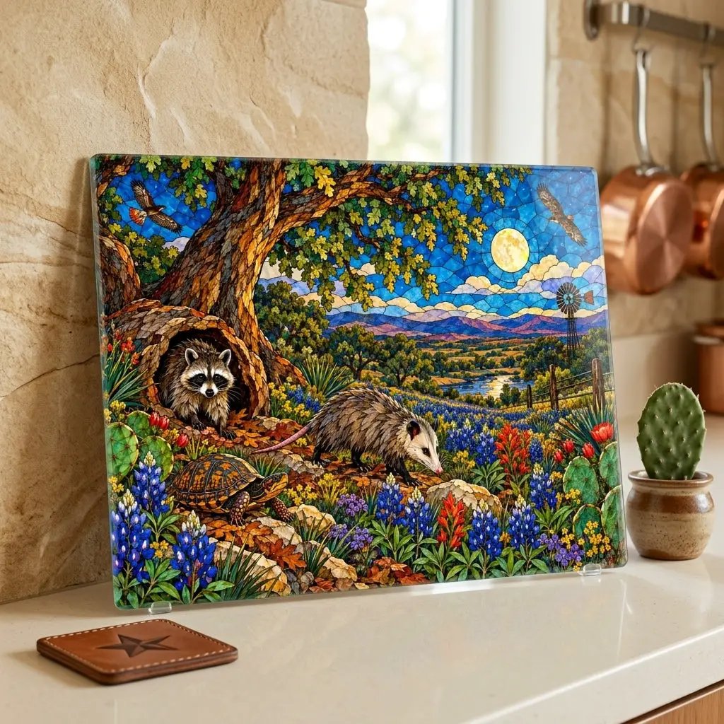 Raccoon and Possum Glass Cutting Board, Texas Wildlife Kitchen Decor, Opossum Raccoon Gift, Bluebonnet Country Cutting Board
