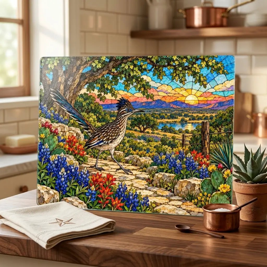 Texas Roadrunner Glass Cutting Board, Bluebonnet Kitchen Decor, Hill Country Wildlife Art, Southwestern Bird Gift, Texas Housewarming