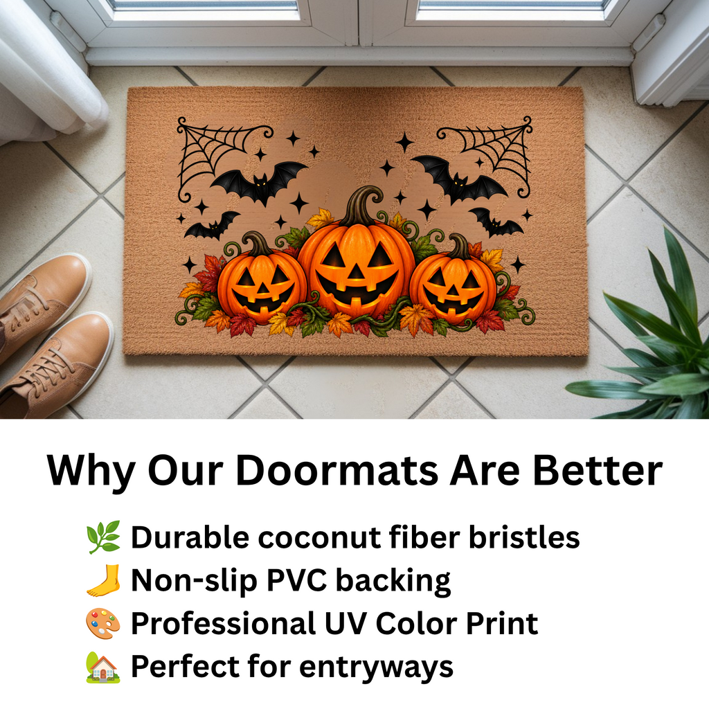 Halloween Pumpkin Doormat, Jack O Lantern Coir Welcome Mat, Fall Front Porch Decor, Spooky Bat Door Mat, Autumn Halloween Entryway