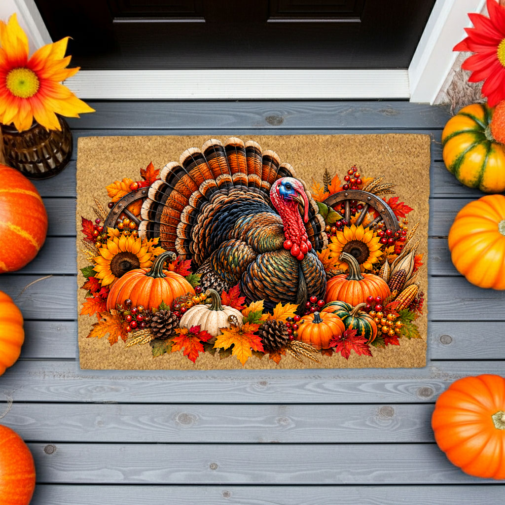 Thanksgiving Turkey Doormat, Fall Turkey Welcome Mat, Harvest Pumpkin Coir Doormat, Farmhouse Autumn Porch Decor, Thanksgiving Door Mat