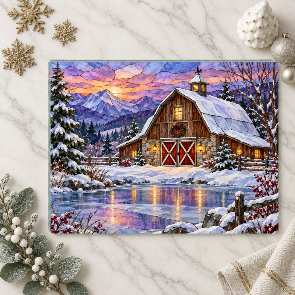 Personalized Winter Barn Cutting Board, Country Farmhouse Kitchen Decor, Stained Glass Farm Scene, Rustic Christmas Gift, Custom Family Gift