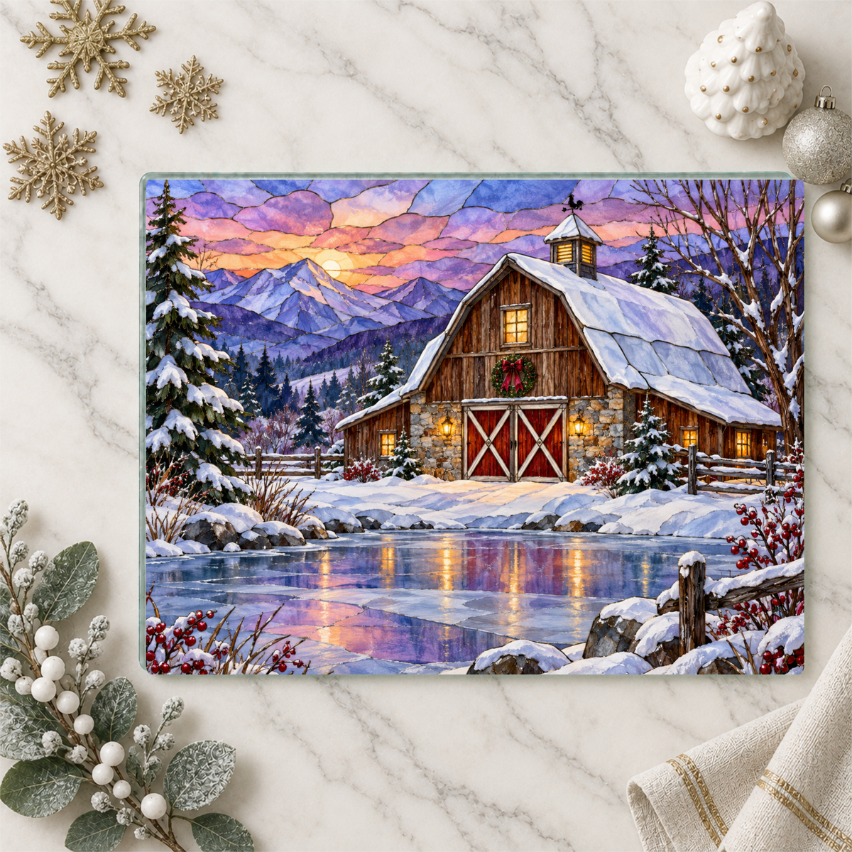 Personalized Winter Barn Cutting Board, Country Farmhouse Kitchen Decor, Stained Glass Farm Scene, Rustic Christmas Gift, Custom Family Gift