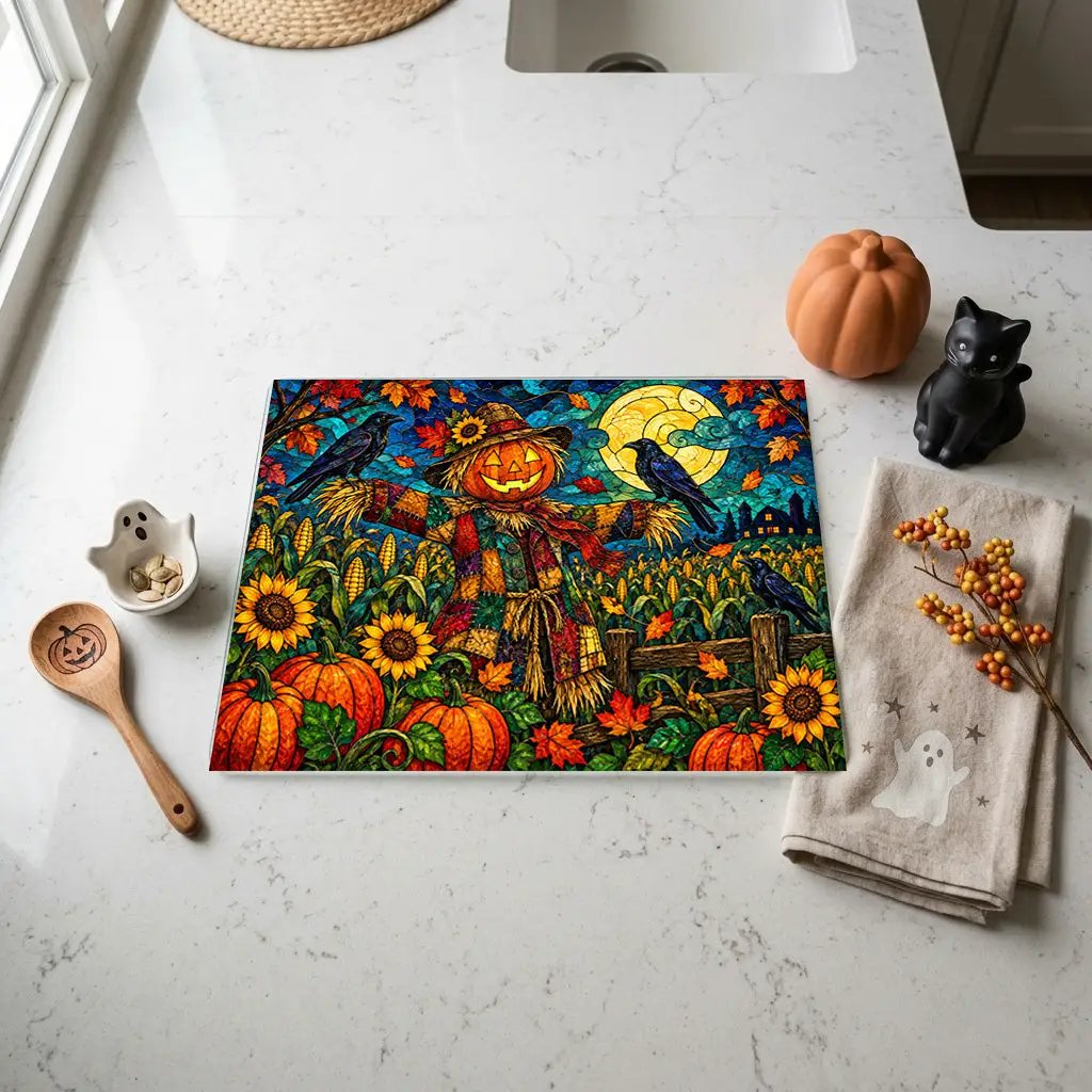 Halloween Scarecrow Personalized Glass Cutting Board, Spooky Pumpkin Kitchen Decor