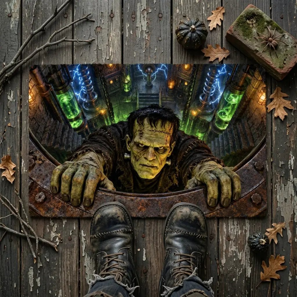 Frankenstein 3D Illusion Doormat, Mad Scientist Laboratory Halloween Door Mat, Monster Welcome Mat, Spooky Halloween Porch Decor