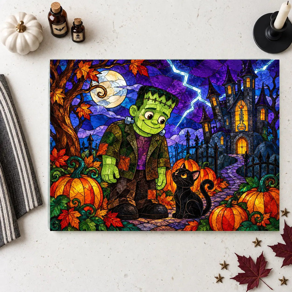 Halloween Monster Personalized Glass Cutting Board, Frankenstein Inspired Kitchen Decor