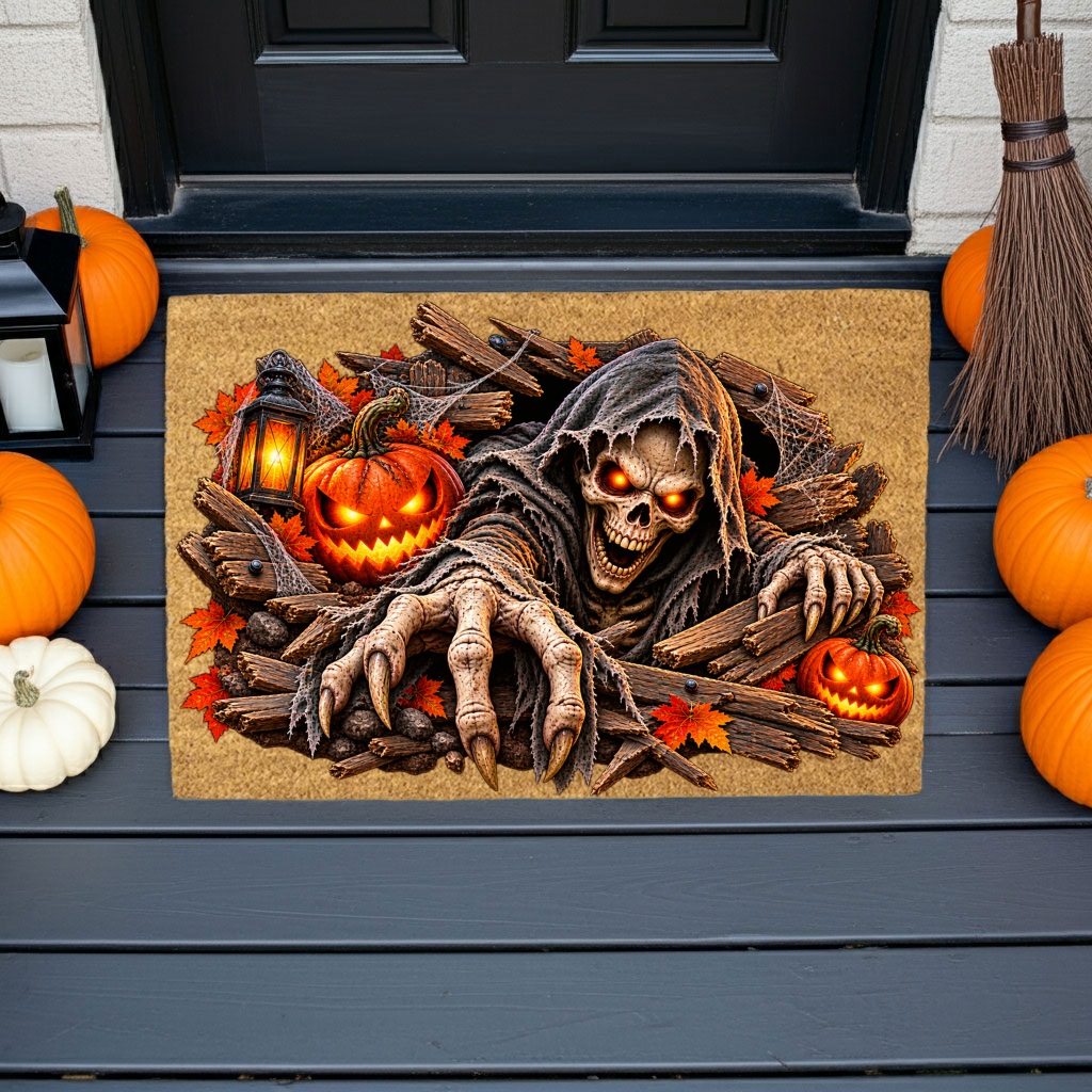 Horror Skeleton Doormat, Grim Reaper Halloween Coir Mat, Creepy Skeleton Welcome Mat, Scary Pumpkin Porch Decor, Haunted Door Mat