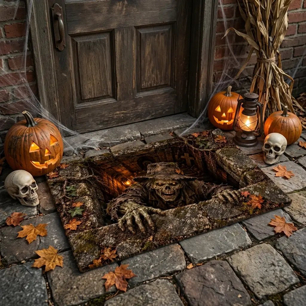 Undead Groundskeeper Halloween Doormat, 3D Zombie Optical Illusion Mat, Creepy Graveyard Door Mat, Haunted Crypt Halloween Decor