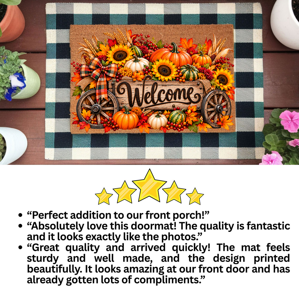 Harvest Wagon Welcome Doormat, Fall Coir Door Mat, Pumpkin Sunflower Welcome Mat, Autumn Farmhouse Porch Decor, Thanksgiving Doormat