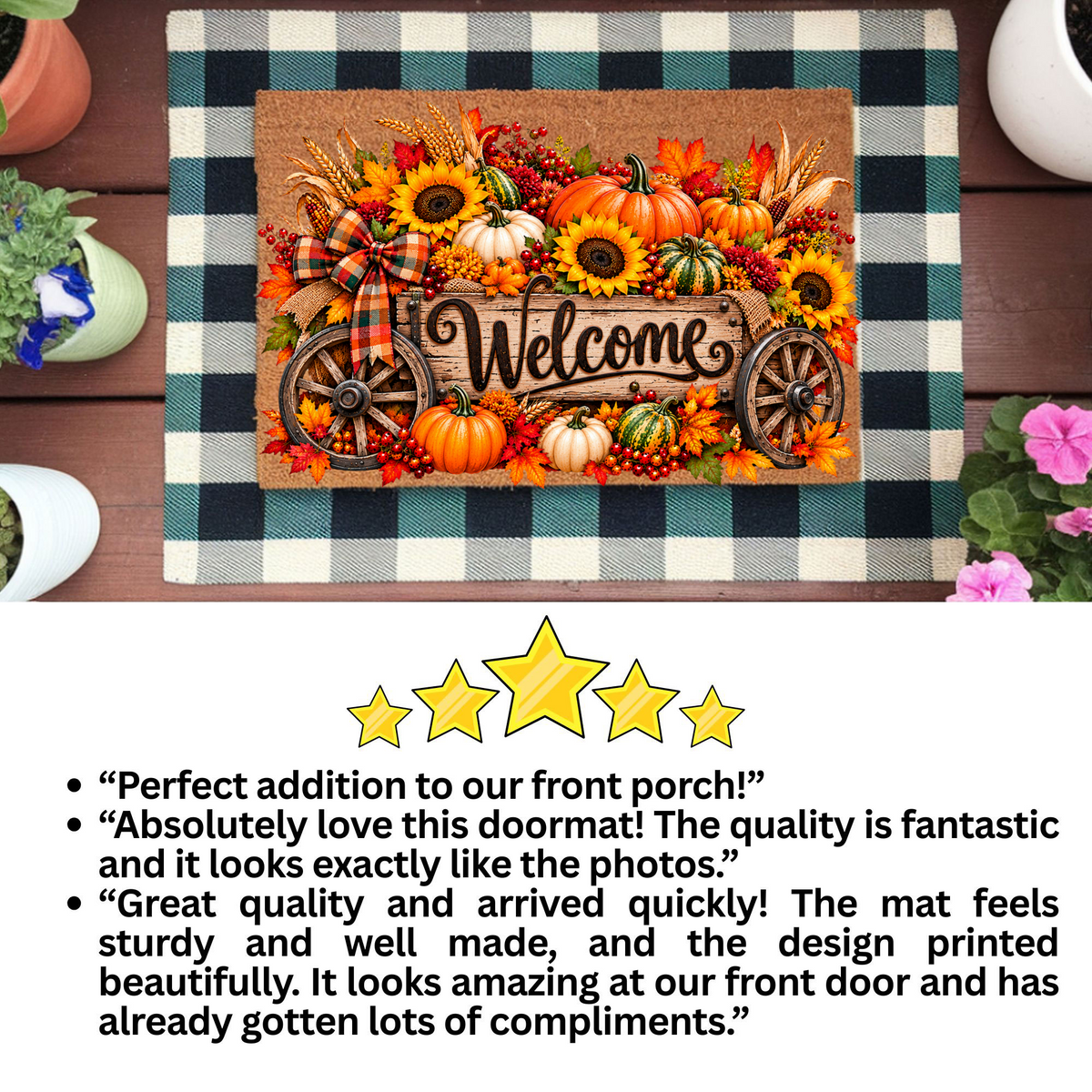 Harvest Wagon Welcome Doormat, Fall Coir Door Mat, Pumpkin Sunflower Welcome Mat, Autumn Farmhouse Porch Decor, Thanksgiving Doormat