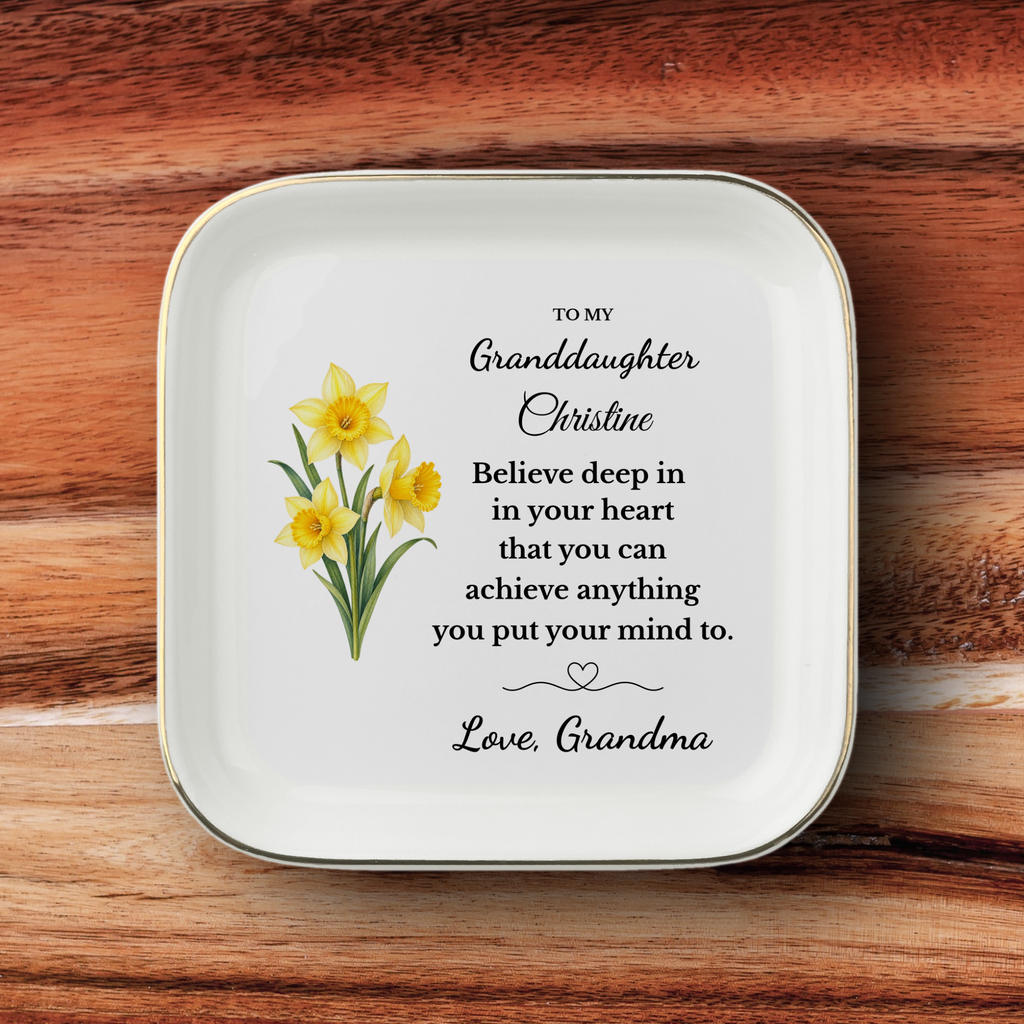 Personalized Daughter/ Granddaughter Jewelry Dish, Birth Flower Trinket Tray, Custom Name Inspirational Ceramic Ring Dish
