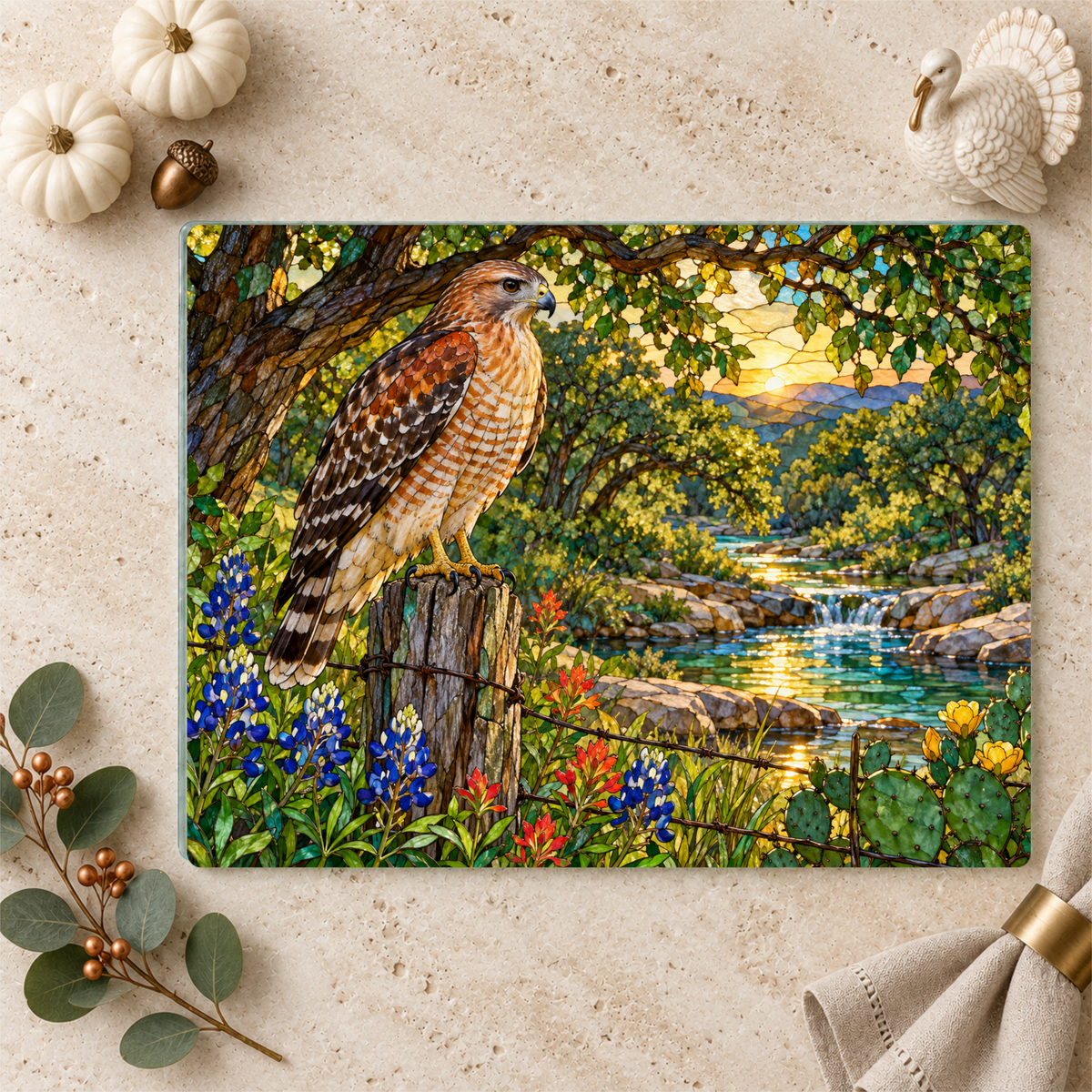 Red-Shouldered Hawk Glass Cutting Board, Bird Lover Kitchen Decor, Wildlife Art Chopping Board, Nature-Inspired Hostess Gift for Birdwatcher