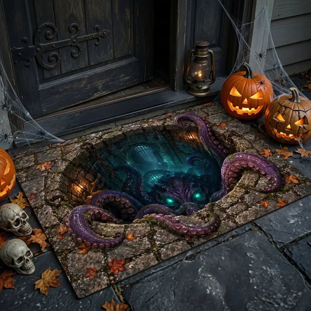 Tentacle Monster 3D Optical Illusion Doormat, Creepy Dungeon Floor Mat, Scary Octopus Monster Door Mat, Horror Halloween Decor
