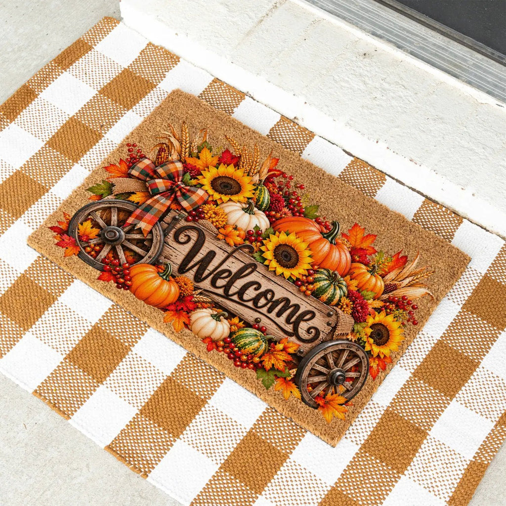 Harvest Wagon Welcome Doormat, Fall Coir Door Mat, Pumpkin Sunflower Welcome Mat, Autumn Farmhouse Porch Decor, Thanksgiving Doormat