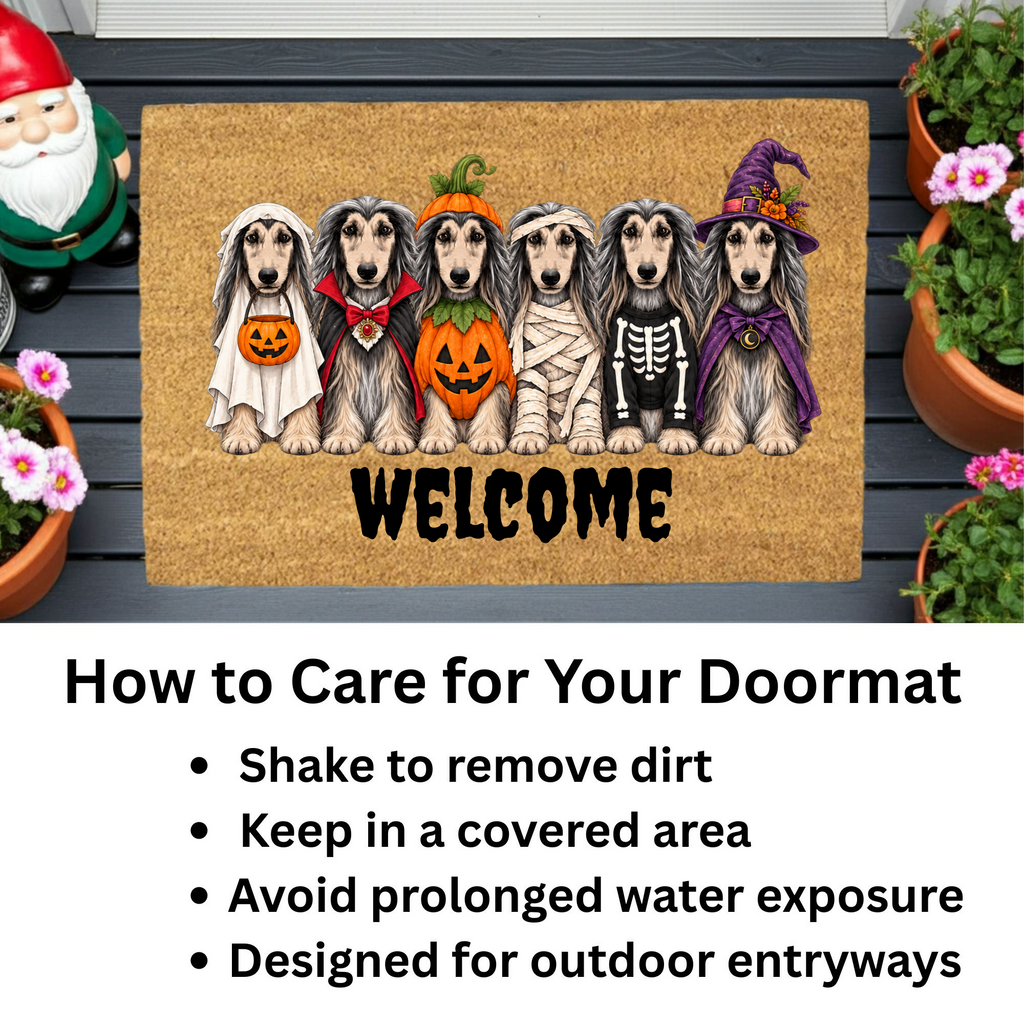 Dog Breed Personalized Halloween Costume Doormat, Custom Dog Welcome Mat, Halloween Coir Doormat, Family Name Dog Lover Gift