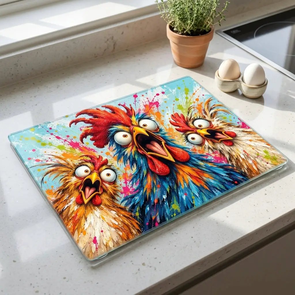 Three Screaming Chickens Cutting Board, Funny Chicken Kitchen Decor, Colorful Chicken Lover Gift, Farmhouse Kitchen Gift