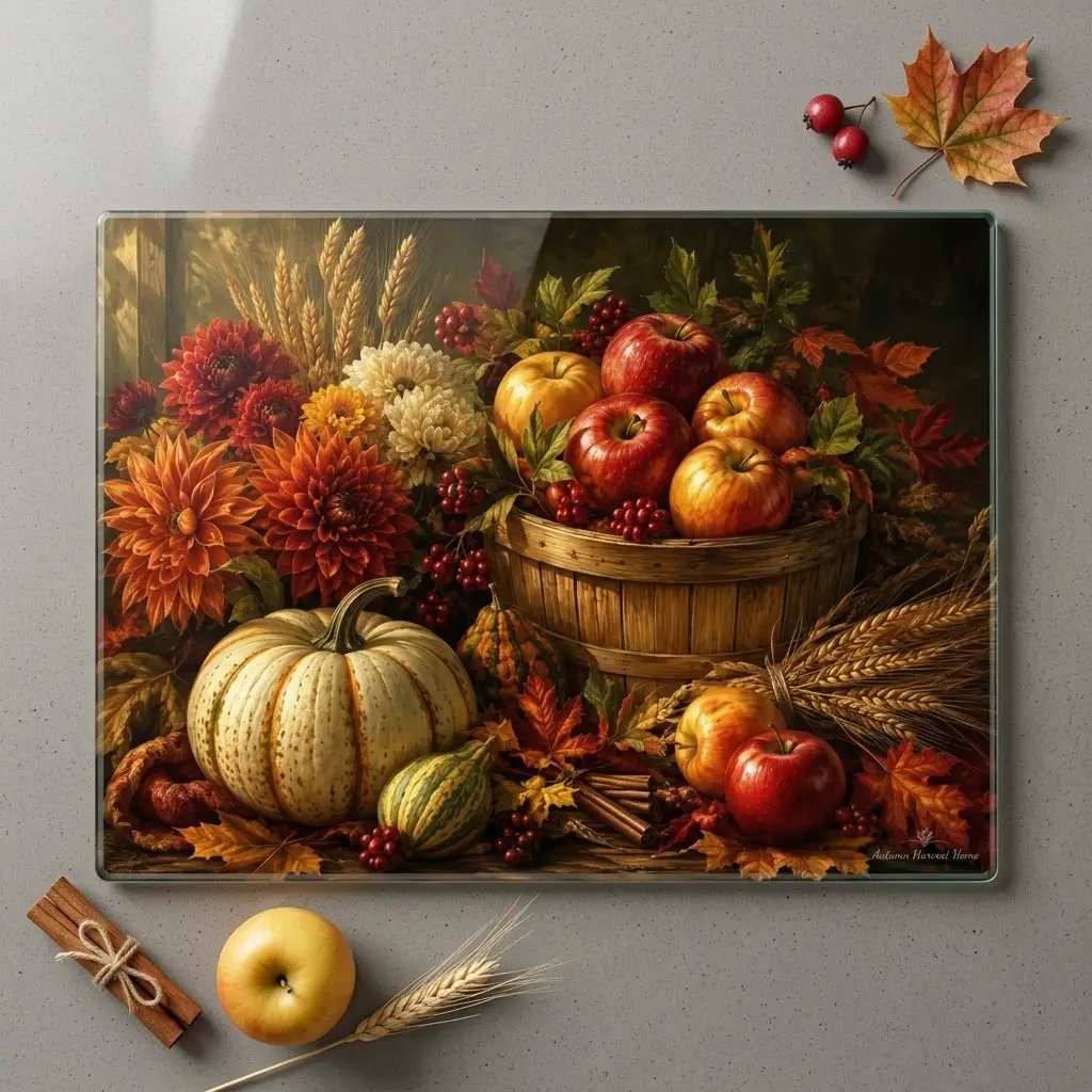Apple Harvest Glass Cutting Board, Fall Farmhouse Kitchen Decor, Pumpkin Apple Cutting Board, Autumn Kitchen Gift