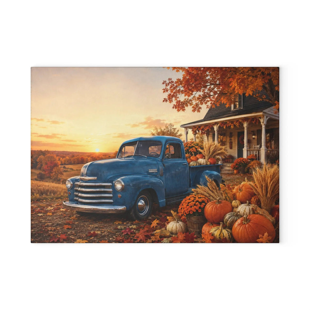 Vintage Blue Truck Autumn Glass Cutting Board — Fall Pumpkin Farm Kitchen Decor