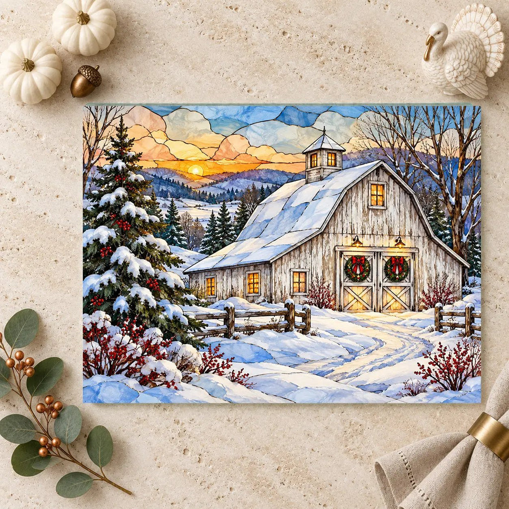White Barn Glass Cutting Board, Christmas Farmhouse Decor, Winter Country Kitchen, Rustic Holiday Gift, Snowy Barn Christmas Decor