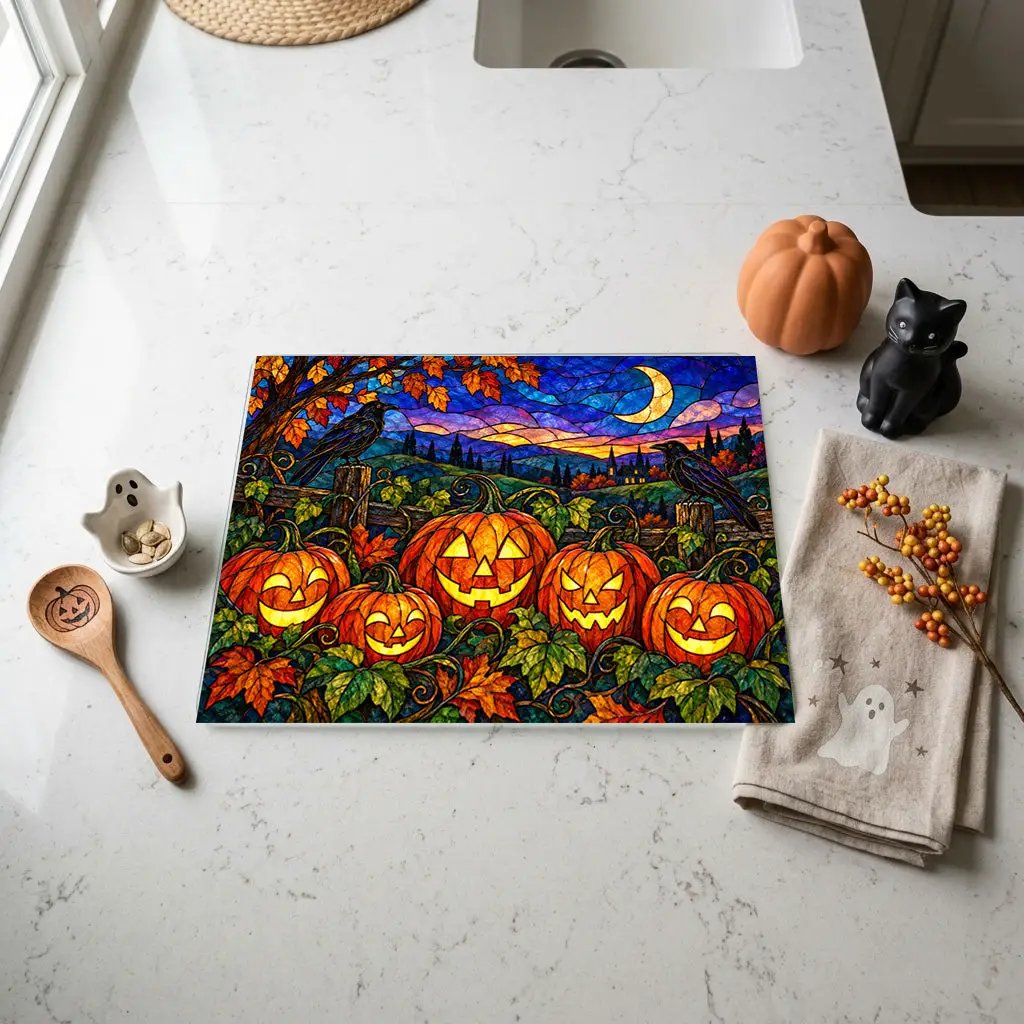 Halloween Jack O Lantern Personalized Glass Cutting Board, Spooky Pumpkin Patch Kitchen Decor