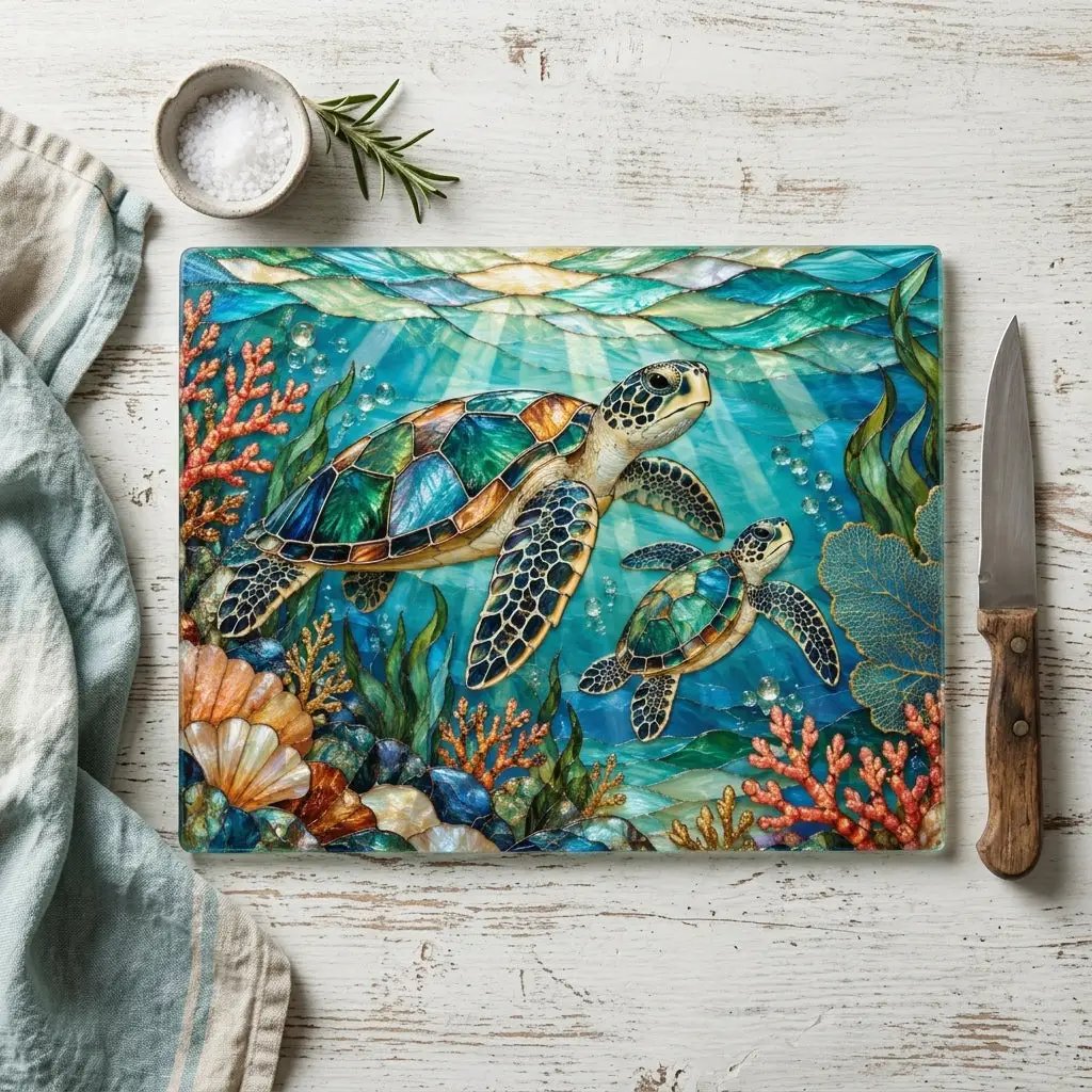 Sea Turtle Cutting Board, Ocean Kitchen Decor, Marine Life Glass Chopping Board, Coastal Sea Turtle Gift, Coral Reef Kitchen Art Piece