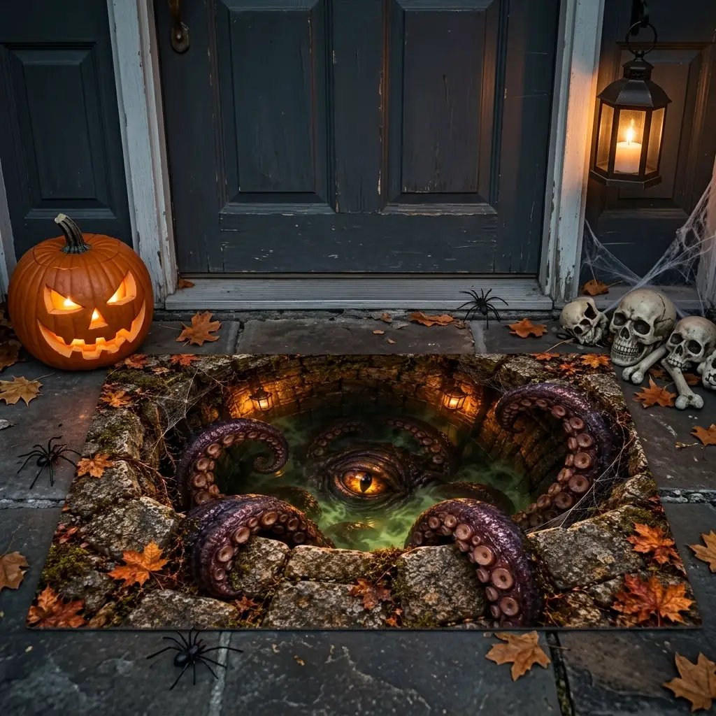Tentacle Monster Halloween Doormat, 3D Creepy Creature Optical Illusion Mat, Horror Welcome Mat, Spooky Halloween Porch Decor