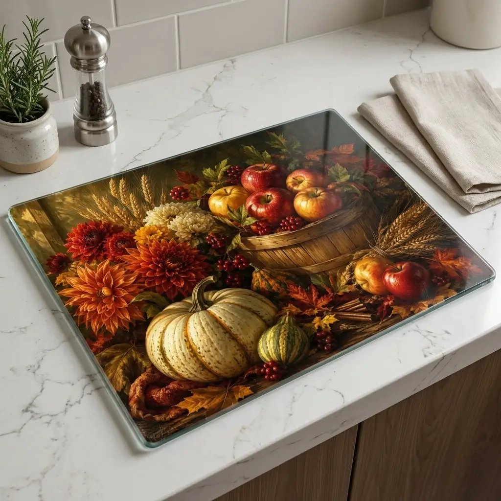 Apple Harvest Glass Cutting Board, Fall Farmhouse Kitchen Decor, Pumpkin Apple Cutting Board, Autumn Kitchen Gift