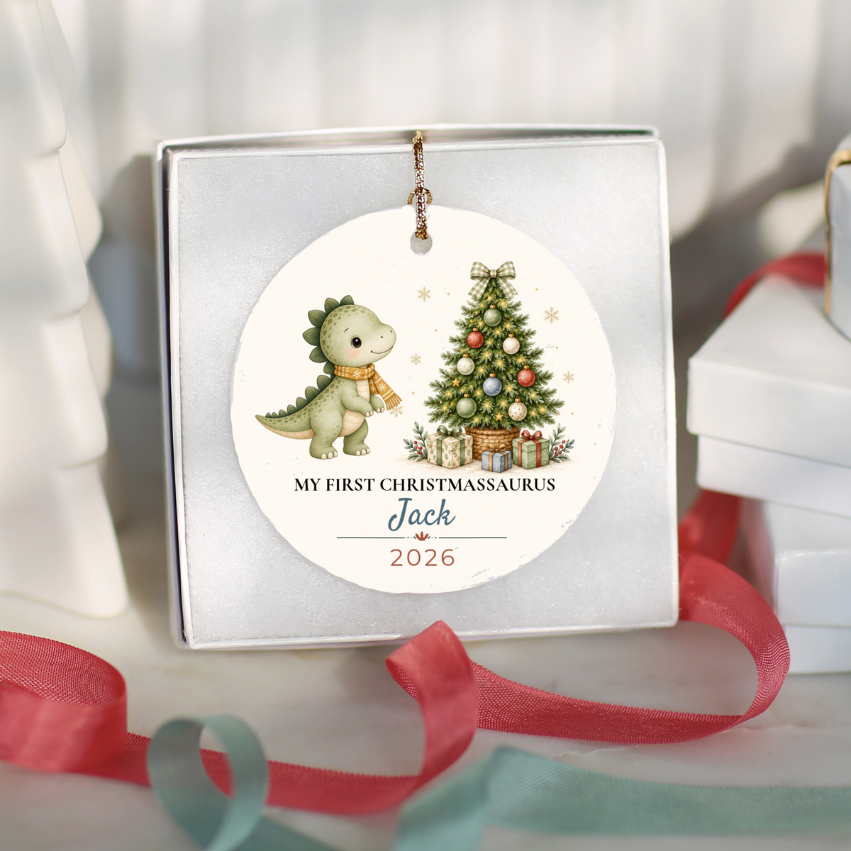 Personalized Dinosaur Christmas Ornament, Baby 1st 2nd 3rd Christmas, Custom Name Year, Christmassaurus Ceramic Keepsake