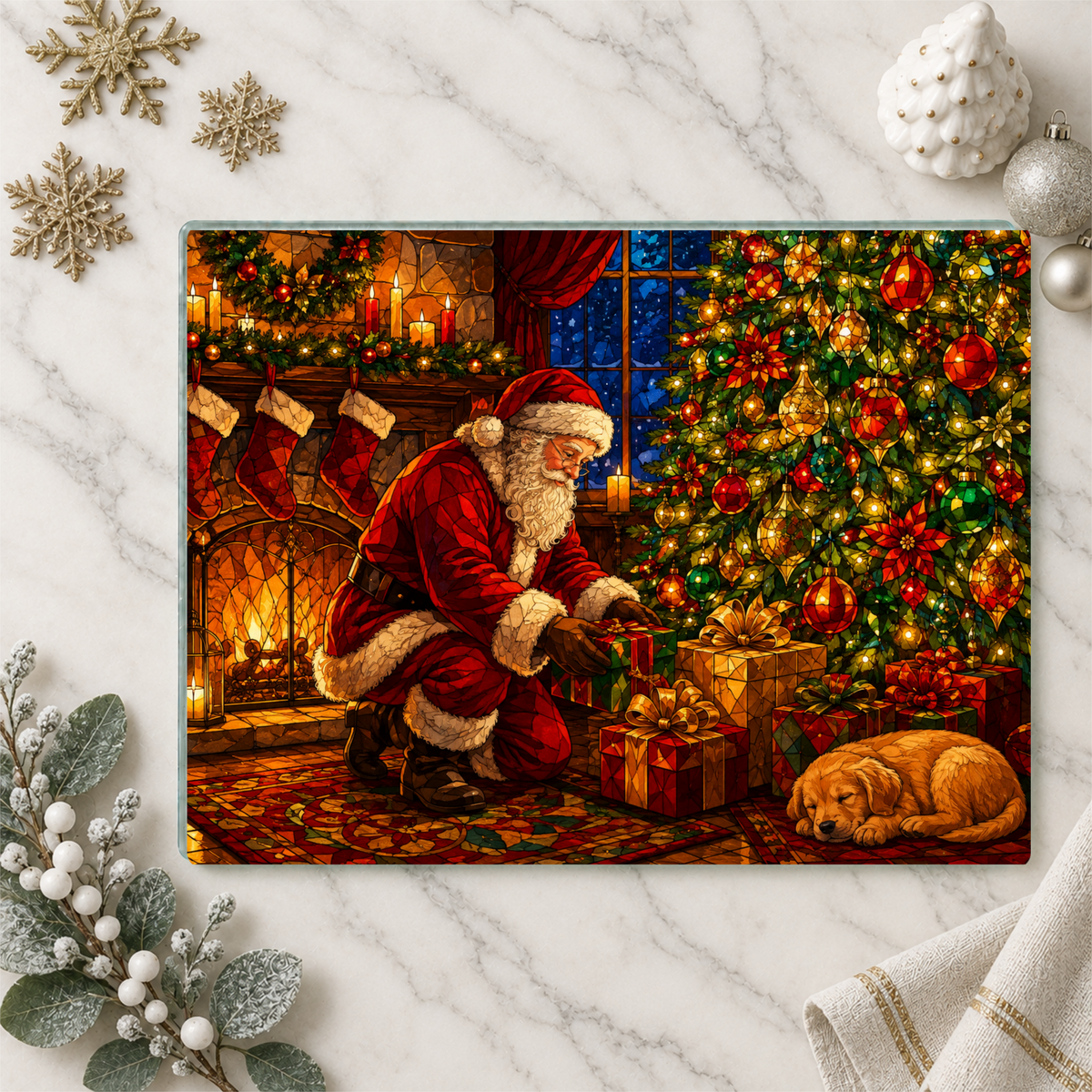 Santa Christmas Glass Cutting Board, Santa and Puppy Kitchen Decor, Christmas Eve Serving Board, Stained Glass Holiday Gift, Santa Decor