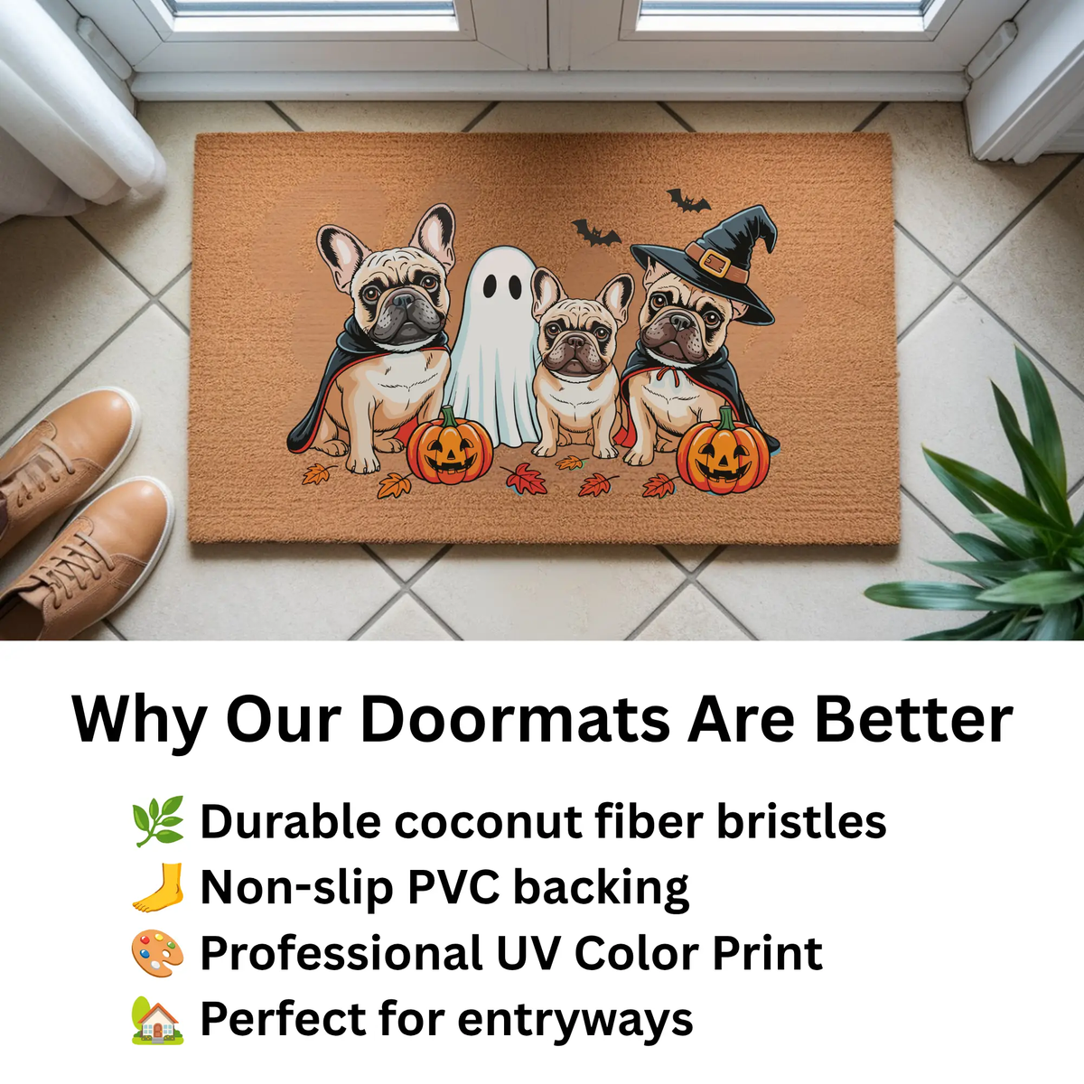 French Bulldog Halloween Doormat, Frenchie Coir Door UV Printed Mat, Cute Halloween Dog Welcome Mat, Spooky French Bulldog Porch Decor, Dog Lover Gift