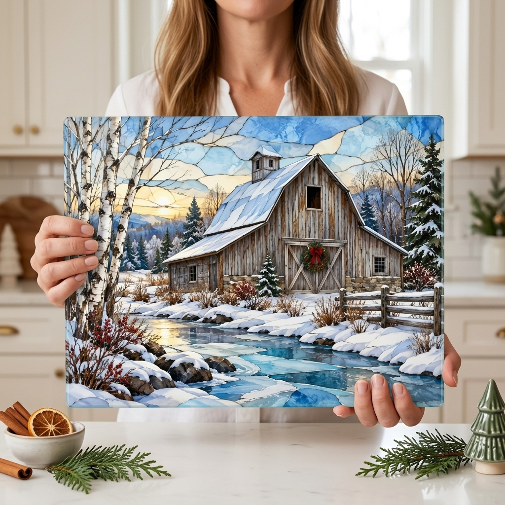 Personalized Winter Barn Cutting Board, Country Farmhouse Kitchen Decor, Stained Glass Farm Scene, Rustic Christmas Gift, Custom Family Gift