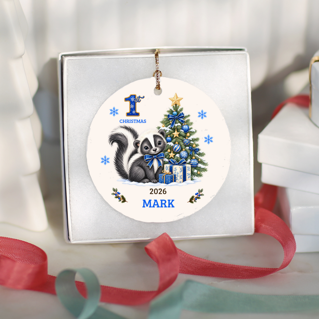 Personalized Baby Skunk Christmas Ornament, Baby's First Christmas, 1st–10th Christmas Keepsake, Custom Name and Year, Pink or Blue