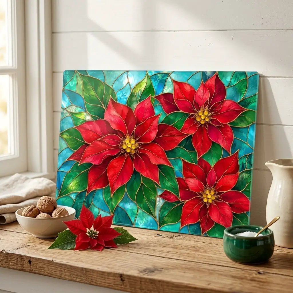 Christmas Poinsettia Glass Cutting Board, Red Floral Kitchen Decor, Tempered Chopping Board, Holiday Cooking Gift for Flower Lovers