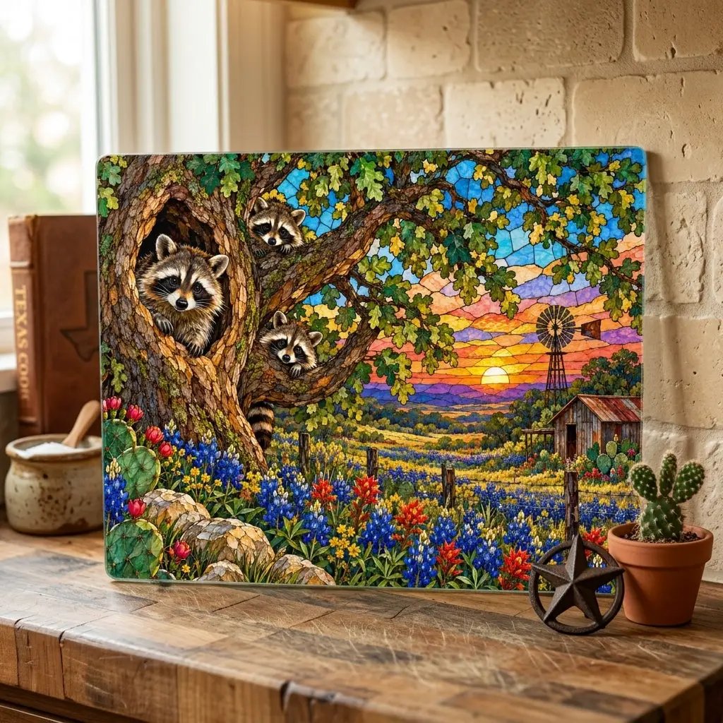 Raccoon Family Glass Cutting Board, Raccoon Lover Gift, Texas Bluebonnet Kitchen Decor, Country Wildlife Cutting Board, Rustic Farmhouse Gift