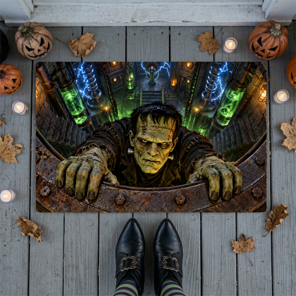 Frankenstein 3D Illusion Doormat, Mad Scientist Laboratory Halloween Door Mat, Monster Welcome Mat, Spooky Halloween Porch Decor