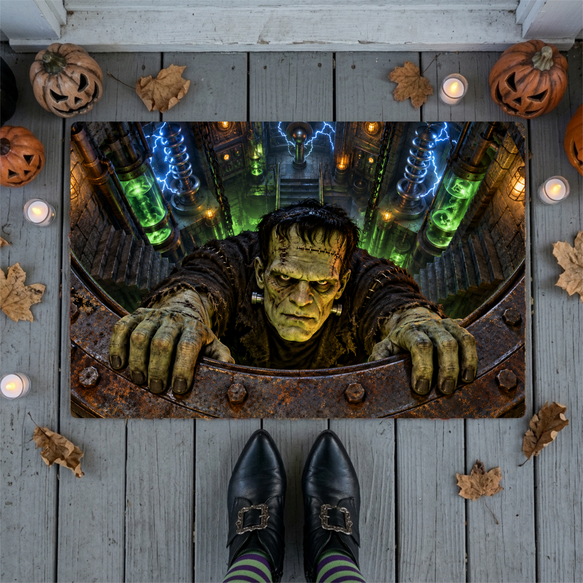 Frankenstein 3D Illusion Doormat, Mad Scientist Laboratory Halloween Door Mat, Monster Welcome Mat, Spooky Halloween Porch Decor