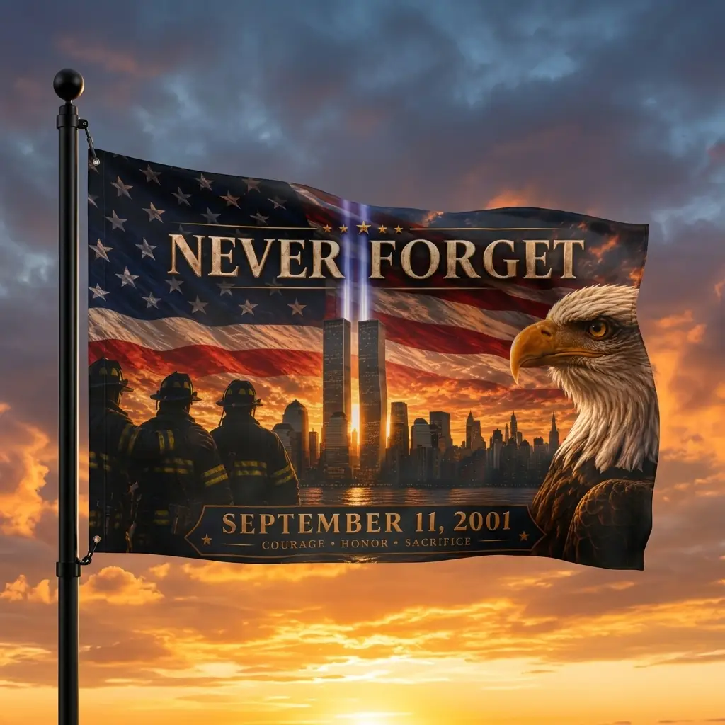 Twin Towers Patriotic Remembrance Flag, 9/11 Memorial Decor, Never Forget Double Sided Flag, September 11 Firefighter Tribute,