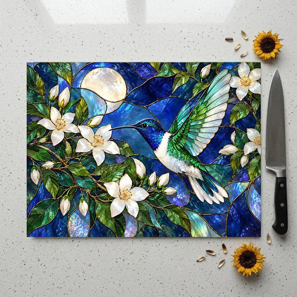 Hummingbird Cutting Board, Stained Glass Bird Decor, Moonlit Jasmine Floral Kitchen Decor, Hummingbird Gift, Nature Lover Gift