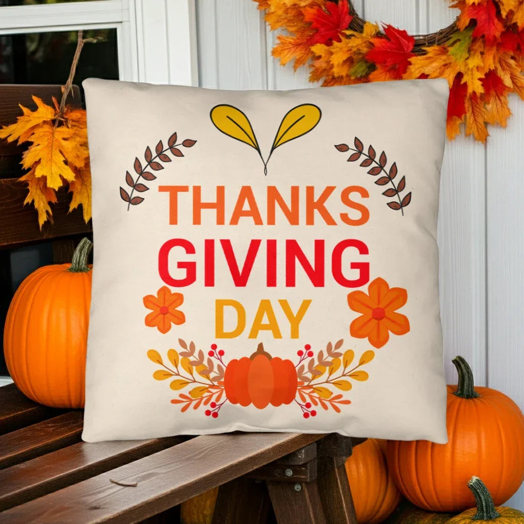 Thanksgiving Day Throw Pillow – Festive Pumpkin & Floral Fall Accent Cushion – Indoor/Outdoor, 3 Sizes