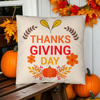 Thanksgiving Day Throw Pillow – Festive Pumpkin & Floral Fall Accent Cushion – Indoor/Outdoor, 3 Sizes