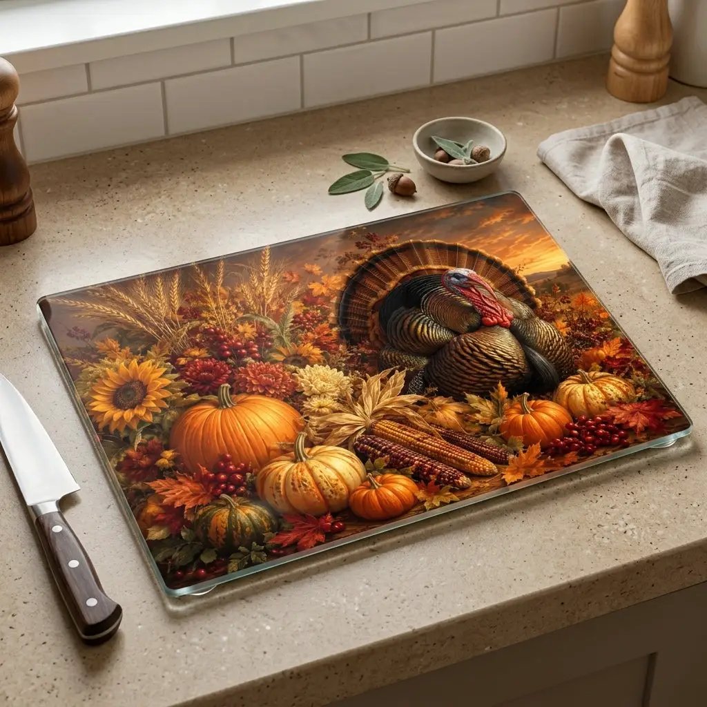 Turkey Glass Cutting Board, Thanksgiving Kitchen Decor, Fall Harvest Cutting Board, Turkey Hostess Gift