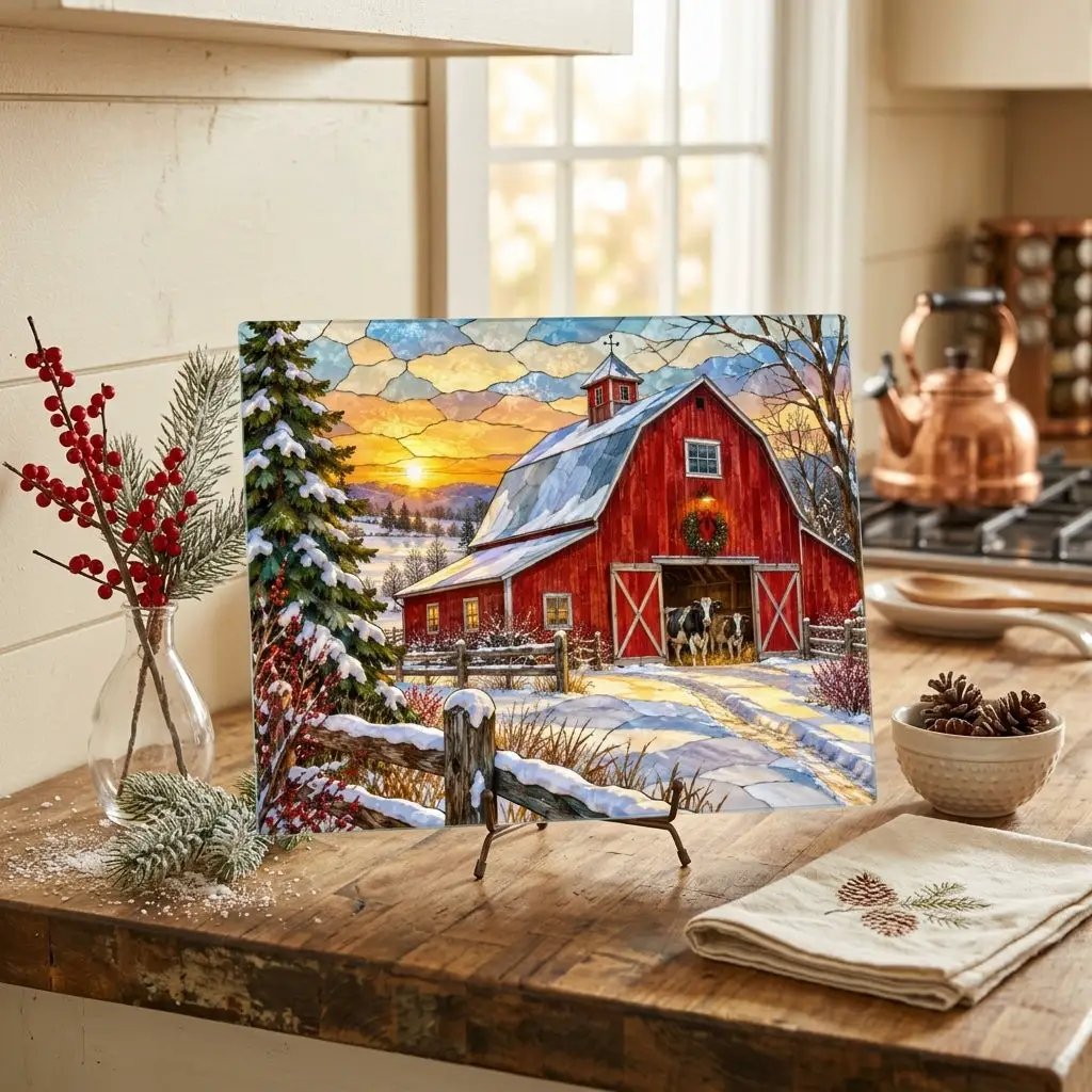 Christmas Red Barn Glass Cutting Board, Winter Farmhouse Decor, Cow Christmas Gift, Country Kitchen Decor, Farmhouse Holiday Gift