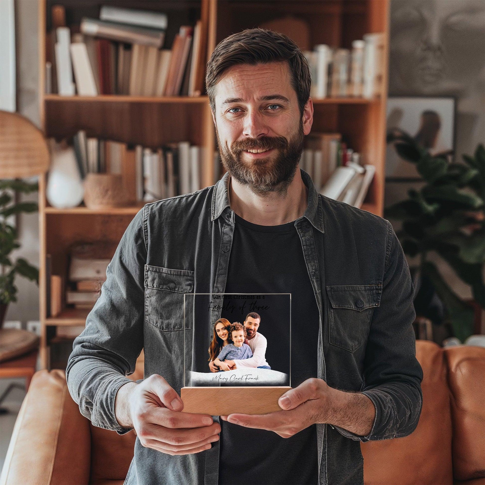 Family Personalized Photo Image Acrylic Plaque with Lighted LED Wooden Base - Mallard Moon Gift Shop