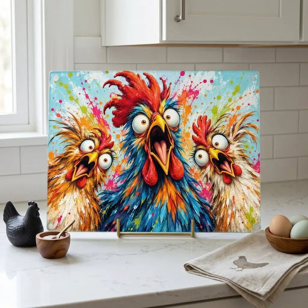 Three Screaming Chickens Cutting Board, Funny Chicken Kitchen Decor, Colorful Chicken Lover Gift, Farmhouse Kitchen Gift